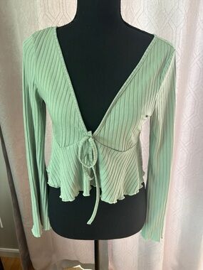 SHEIN Sage Green Ribbed Tie-Front Crop Top